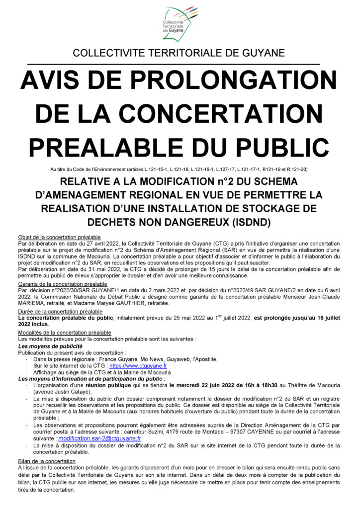 AVIS PROLONGATION de la concertation préalable