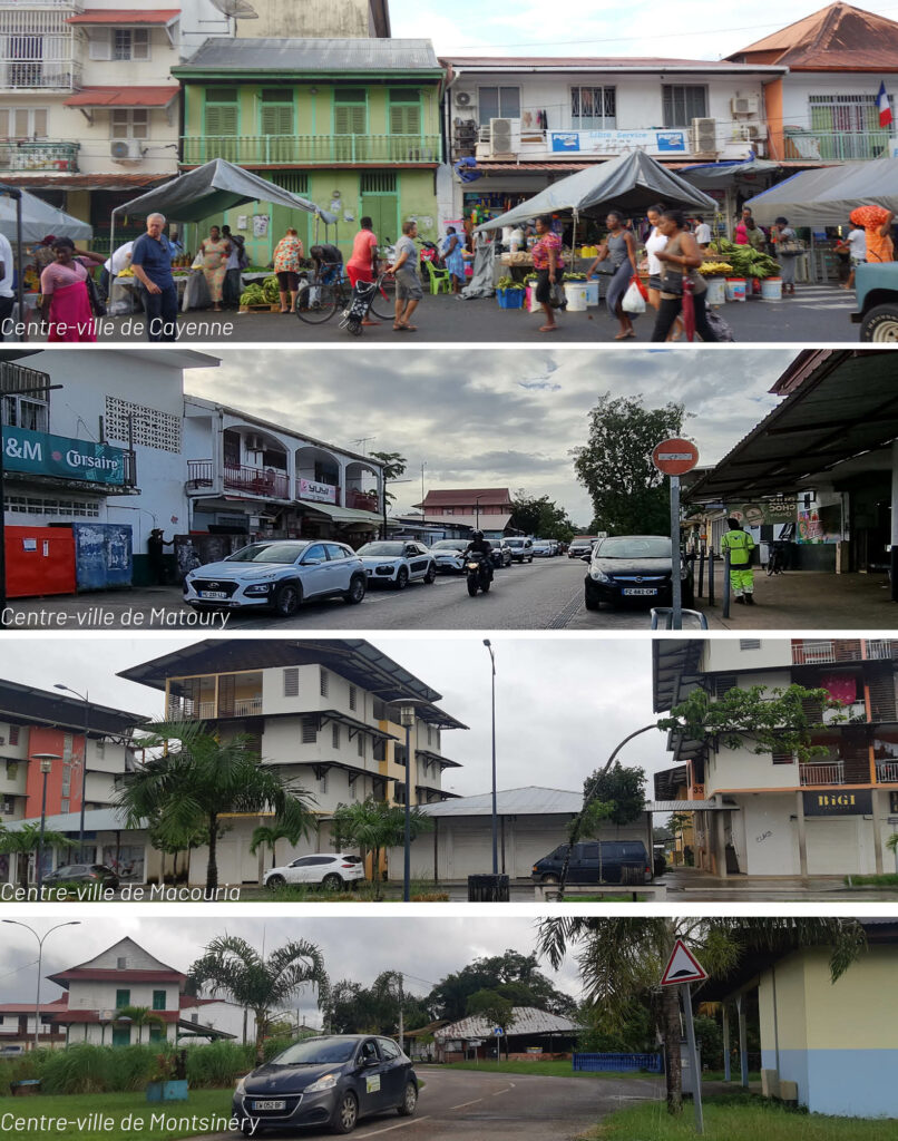 De haut en bas, les centres-villes de Cayenne, Matoury, Macouria et Montsinéry